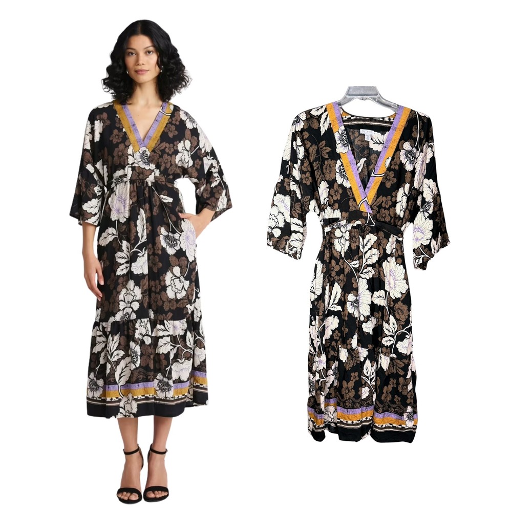 Sofia Jeans by Sofia Vergara Floral V-Neck Midi Dress Black XXL 20 Boho‎ Kimono